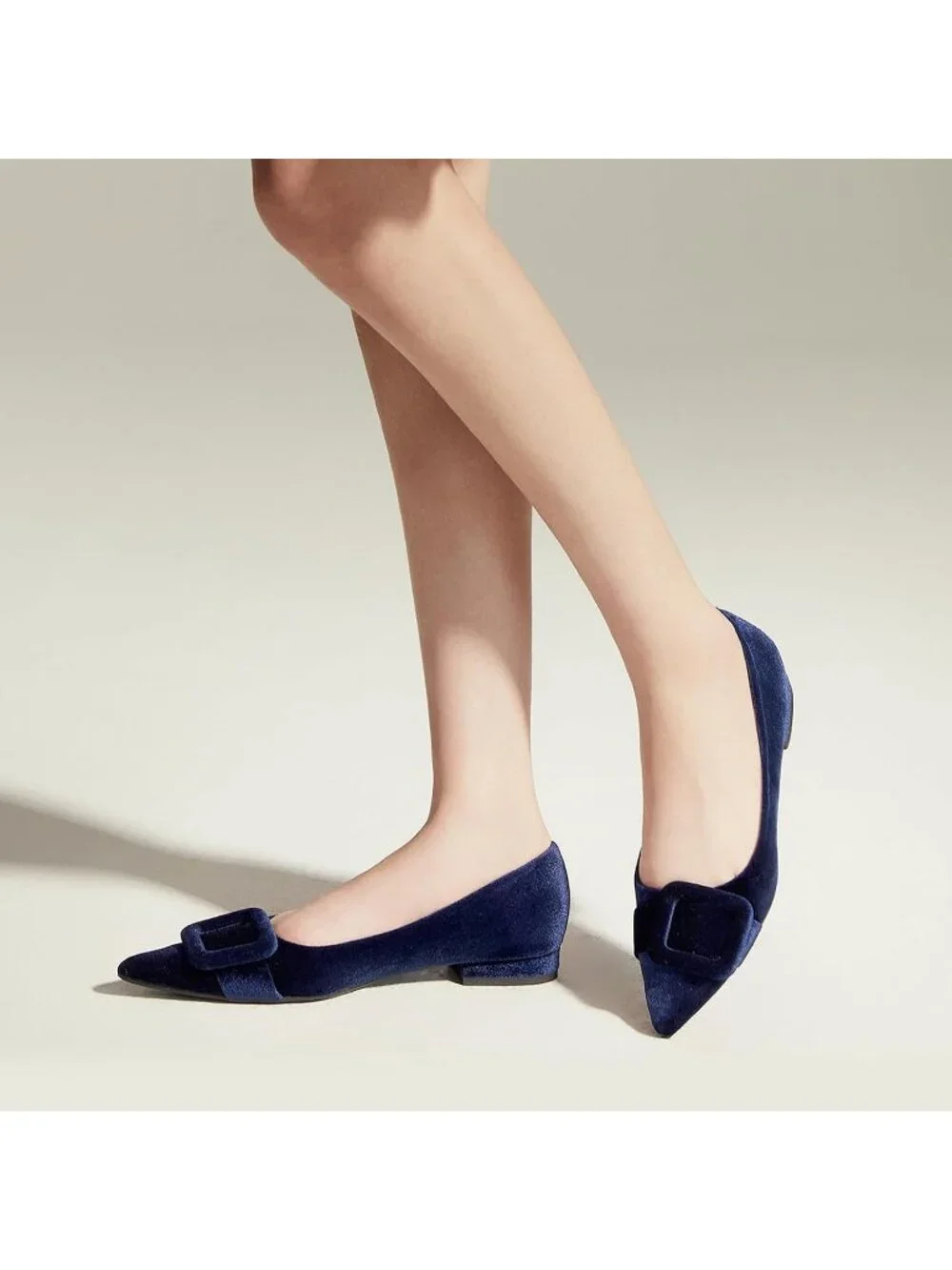 Women's Velvet Camel Pointed Toe Square Buckle Flats Slip-On Comfortable Shoes